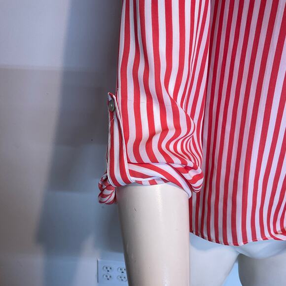 Chicos Blouse Womens Size 2 Large Tie Front Roll Tab Vee Neck Coral White Stripe - Picture 8 of 16
